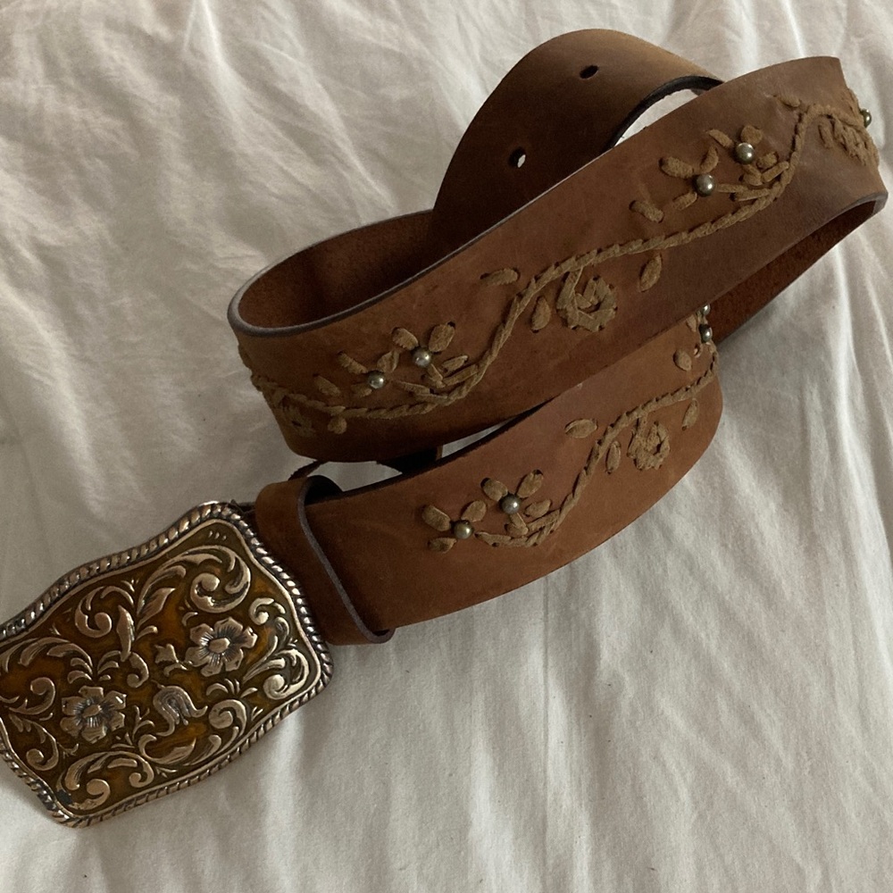🆕 Richly Embroidered Brown Genuine Leather Ladies Belt with Unique Ornate Buckle